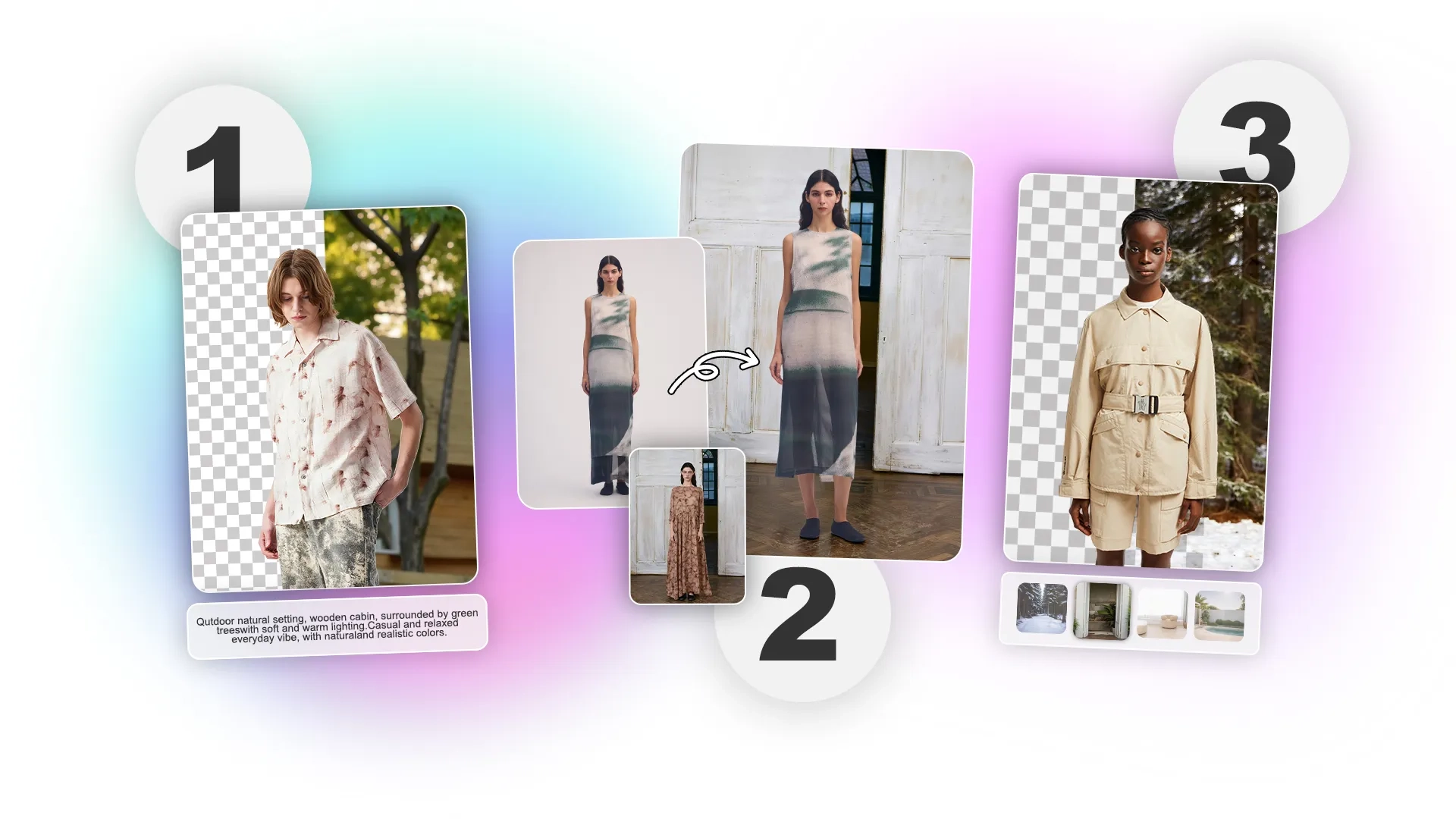 Instantly replace any photo background using text or templates with Visboom's AI Background Changer for professional fashion visuals.
